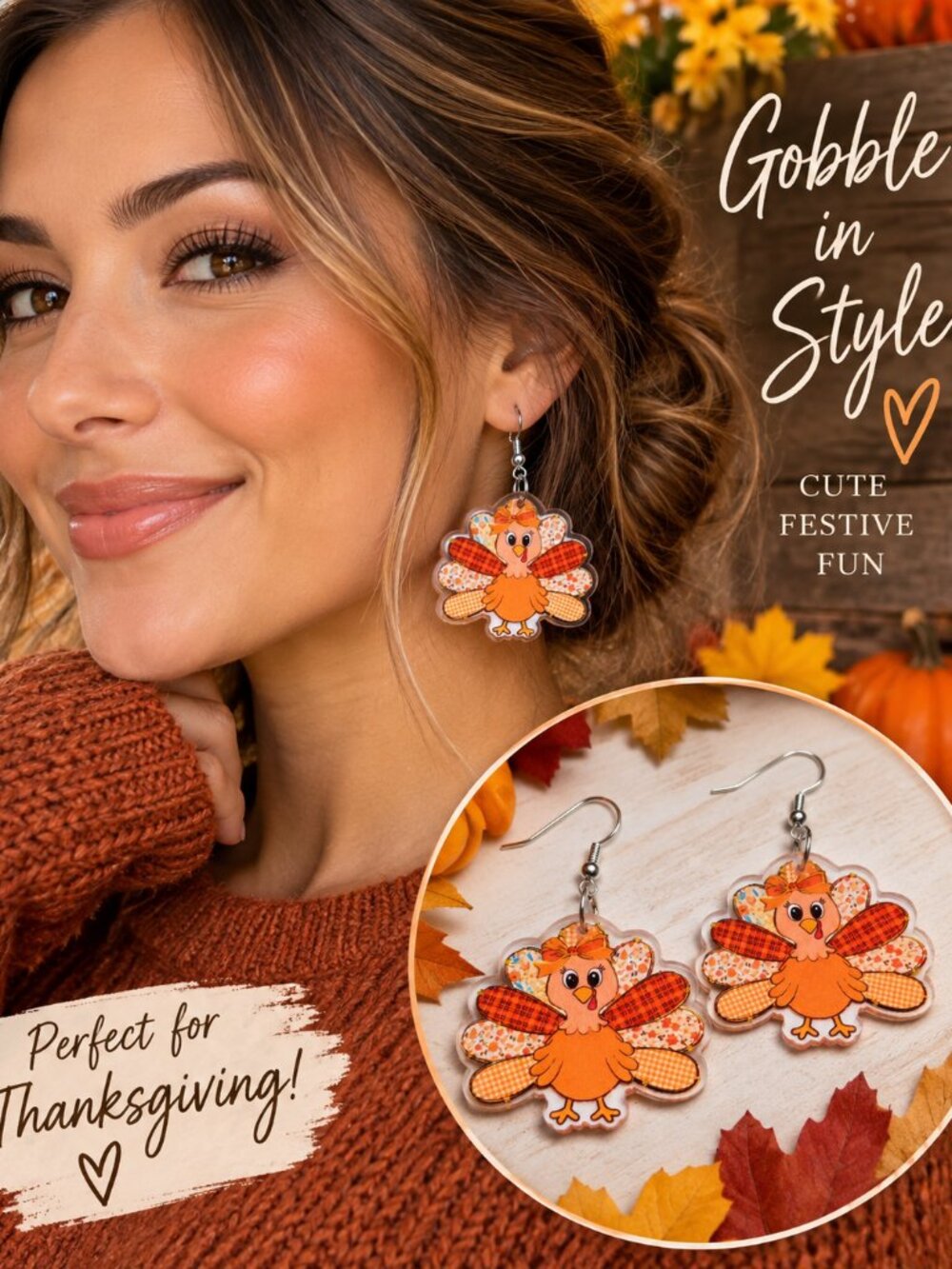 Thanksgiving Turkey Earrings Acrylic Dangle Orange Plaid Fall Teacher Jewelry